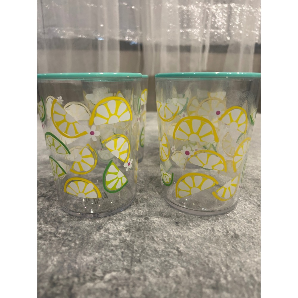 Vintage Citrus Mopit Tumbler Set of 4 Lemon Lime Teal Rim Plastic Glasses it